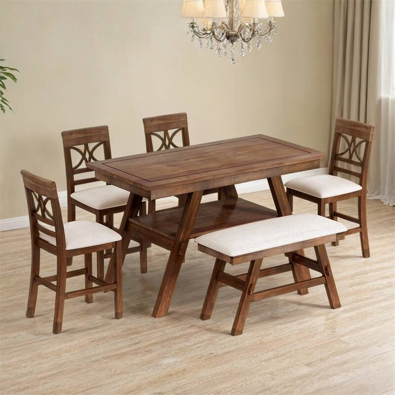6-Piece Wood Counter Height Dining Table Set with Storage Shelf