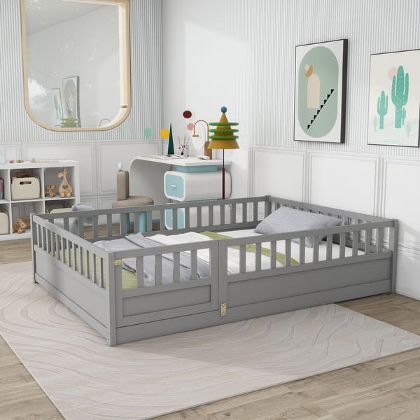 slide 2 of 9, Full Size Floor Bed Pine French Bed with Door and Solid Construction Grey