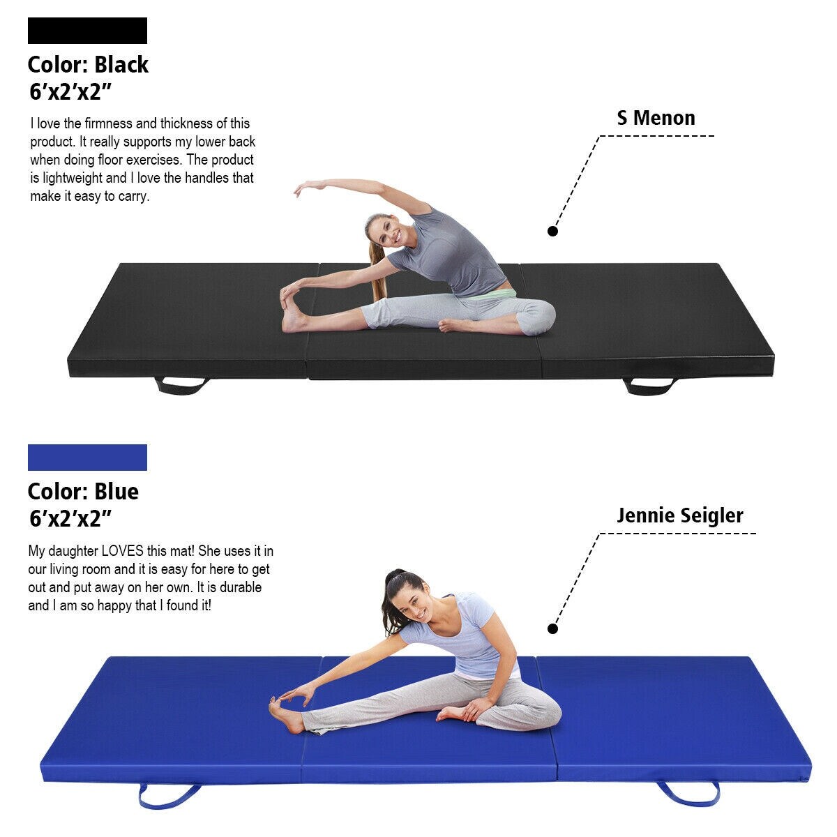 6 x 2 Exercise Tri Fold Gymnastics Mat w Carrying Handles 6