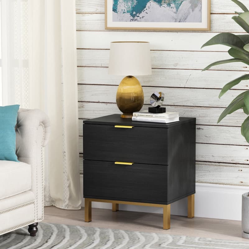 Timechee Nightstand Bedside Table 2-Drawer with Metal Legs, Black