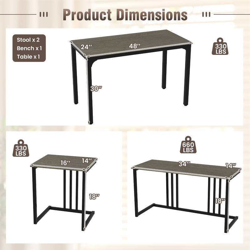 4 Piece Dining Table Set with Bench and Stools for Small Kitchen - 47.5" x 24" x 29.5"