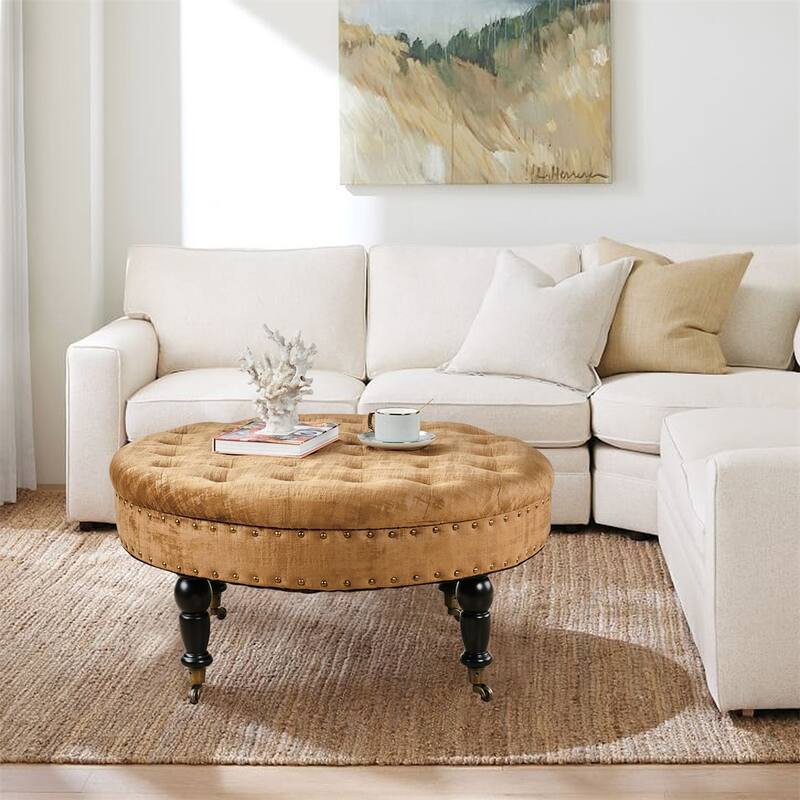 Round Velvet Tufted Coffee Table Ottoman, 34" x 34" x 17" H