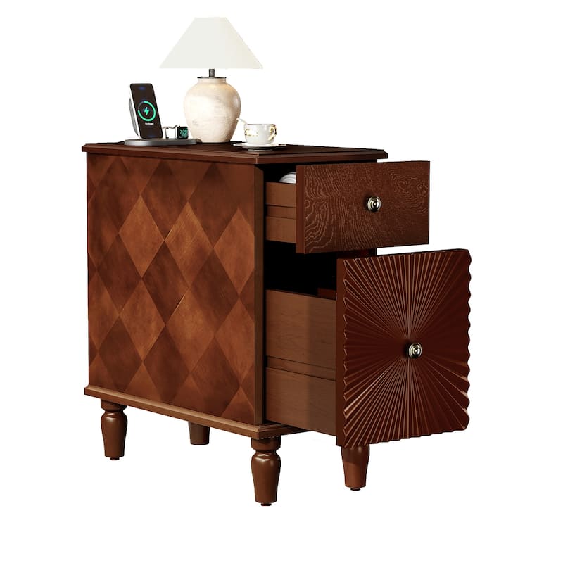 Slim Nightstand with Charging Station, Floor Standing Narrow Side Table, Wooden Storage Cabinet with 2 Drawers