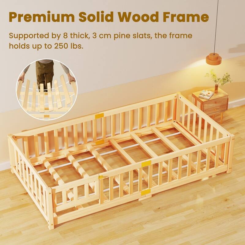 Toddler Floor Bed, Montessori Floor Bed with Rails and Lockable Door