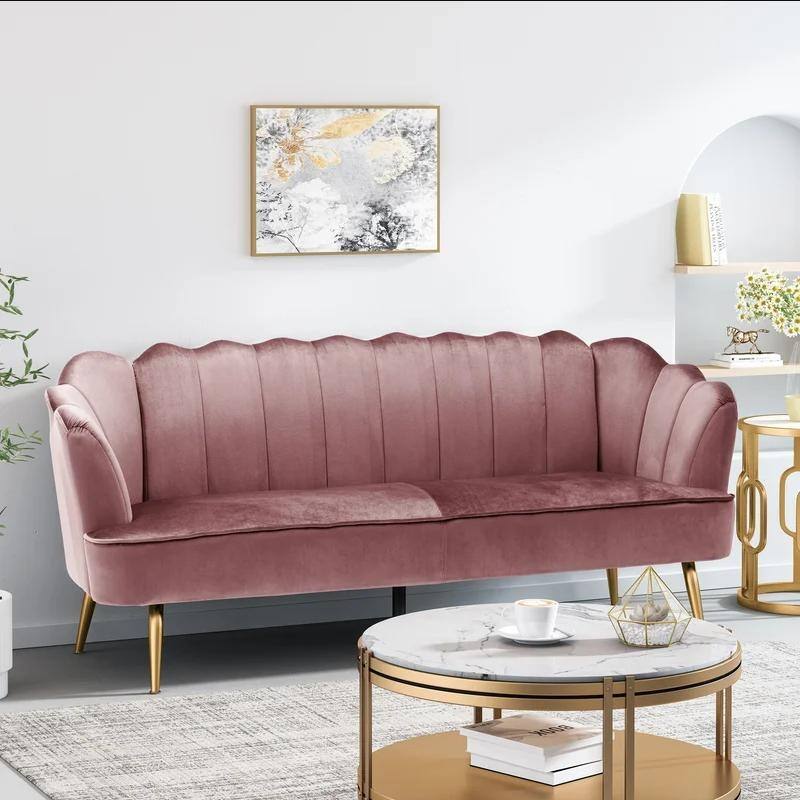Blush 76.25" Velvet Channel Stitching 3-Seater Sofa with Metal Legs