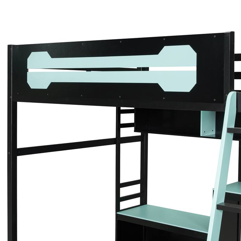 Full Size Gaming Loft Bed with Desk, Shelves, LED, USB and Pegboard