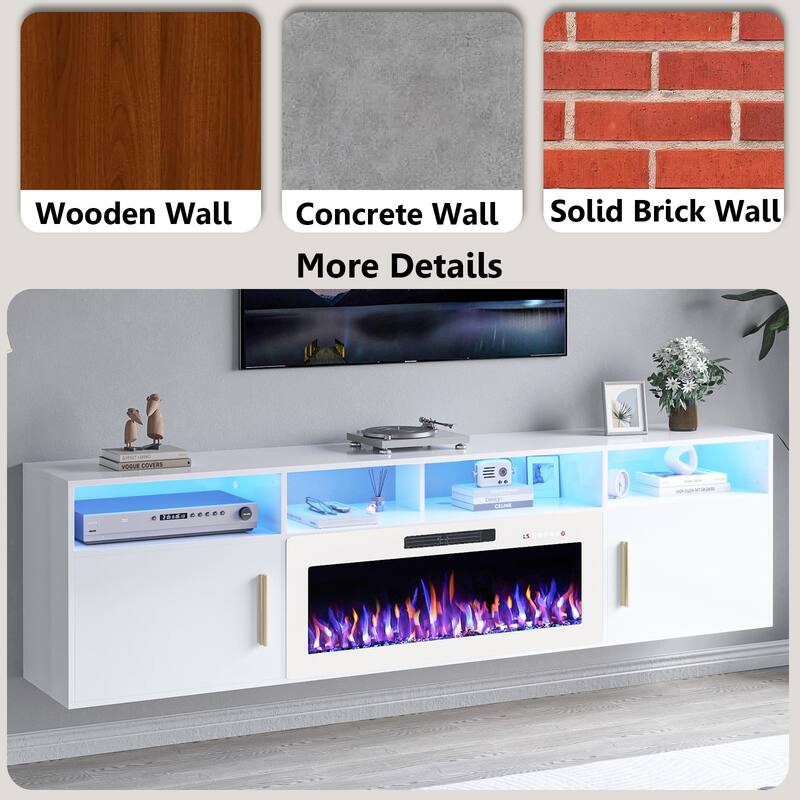 BOSSIN 80" Floating TV Stand with 36" Electric Fireplace, High Gloss Finish Wall Mounted Fireplace TV Stand with Storage