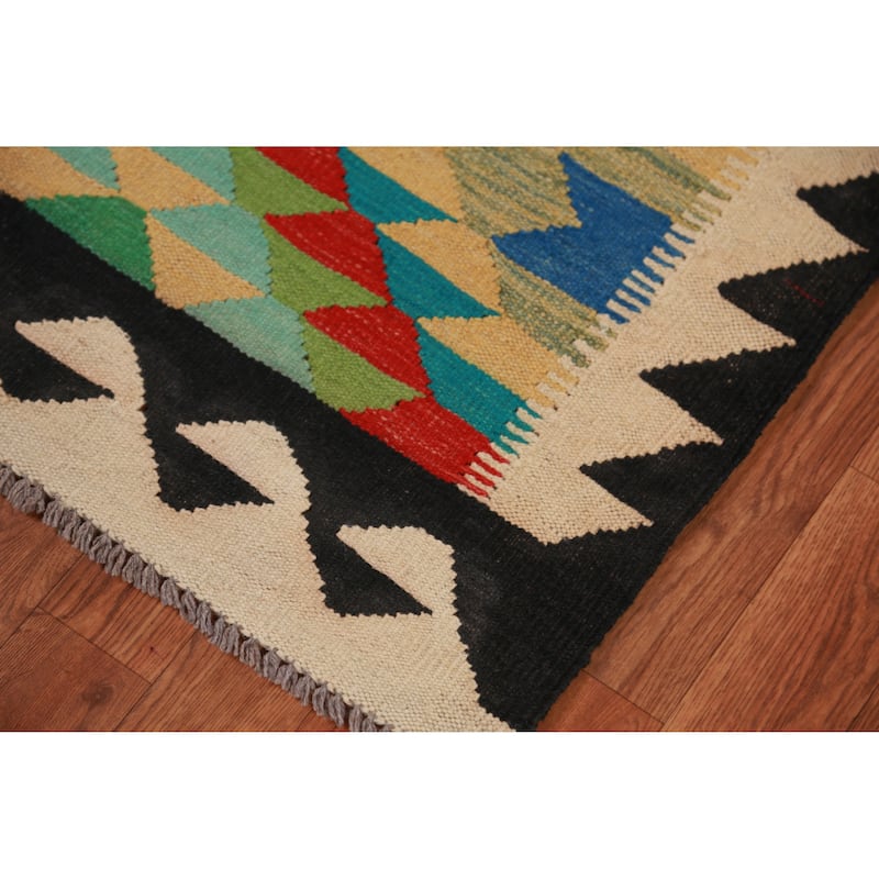 Hand Woven Oriental 100% Wool Carpet Southwestern Geometric Multi-Colored Kilim Runner Rug - 13' 0'' X 2' 8''