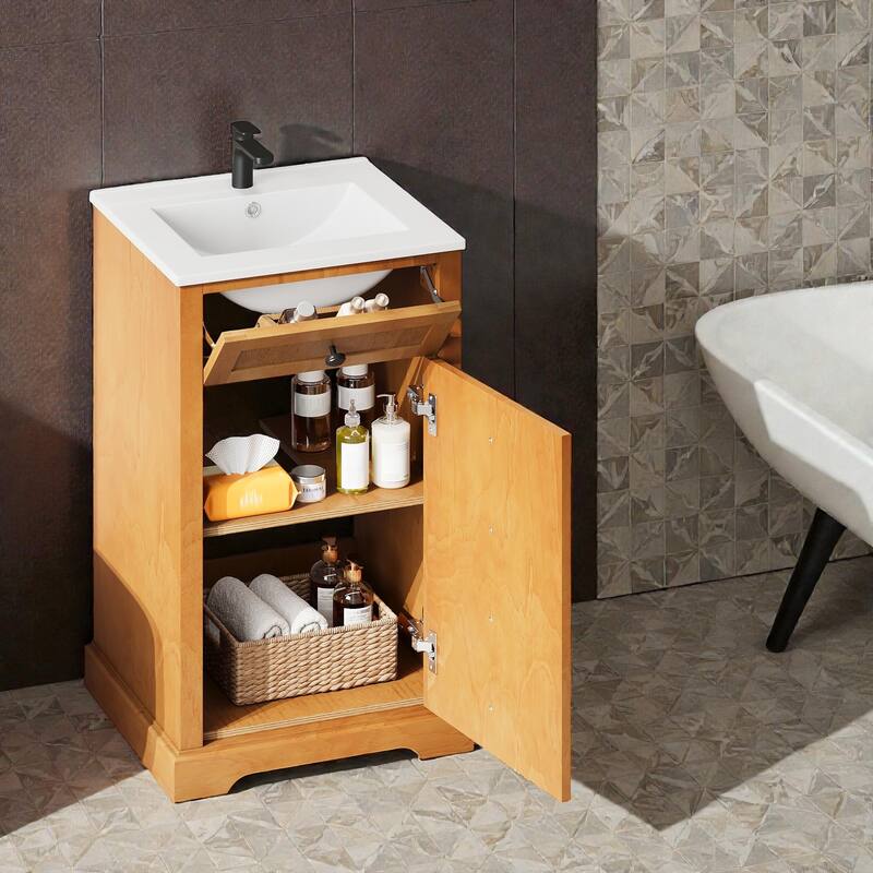 20 Inch Bathroom Vanity with Ceramic Sink, Solid Wood and MDF Bathroom Cabinet with Soft-Close Door