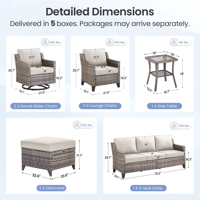 Pocassy Wicker Patio Sofa Glider Swivel Chair Ottoman Furniture Set.