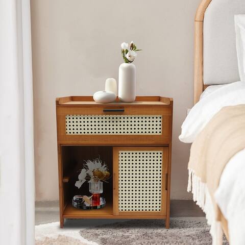Bamboo Nightstand with Drawer and Shelf Bohemian Bedside Tables