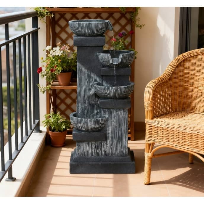 4-Tier Resin Cascading Bowls Outdoor Waterfall Fountain,Water Fountain,with LED Lights, Pump