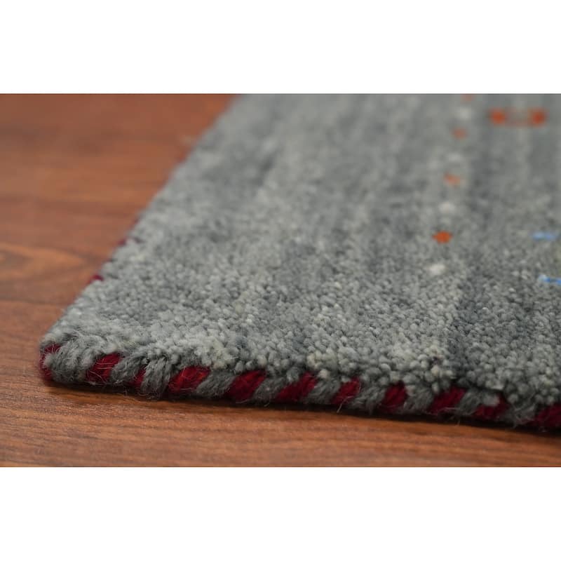 Hand Knotted Oriental 100% Wool Carpet Tribal Animal Pictorial Greys & Charcoal Gabbeh Runner Rug - 8' 7'' X 2' 5''