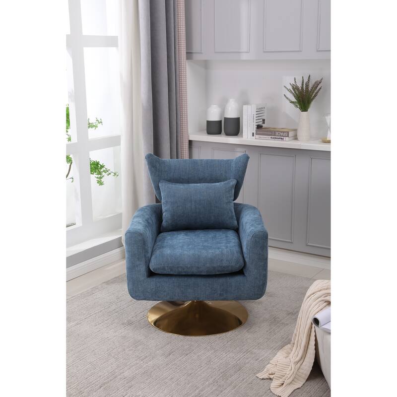 Blue Modern 29.9" Upholstered 360° Swivel Accent Chair with Iron Base and Pillow
