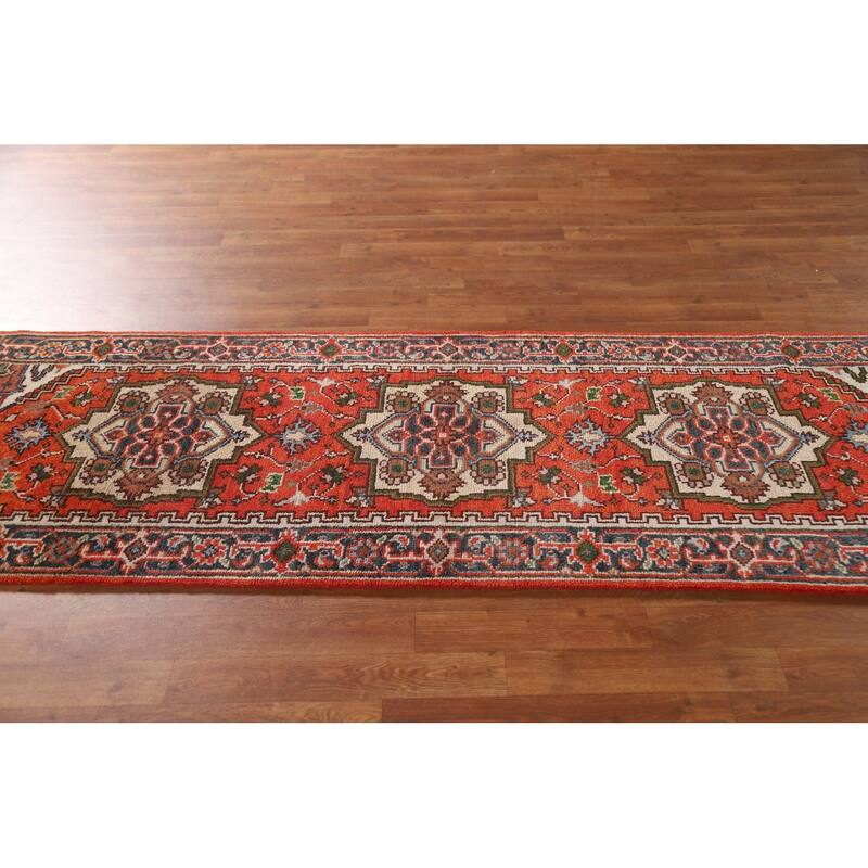 Geometric Heriz Indian Runner Rug Hand-knotted Wool Carpet - 2'7"x 8'0"