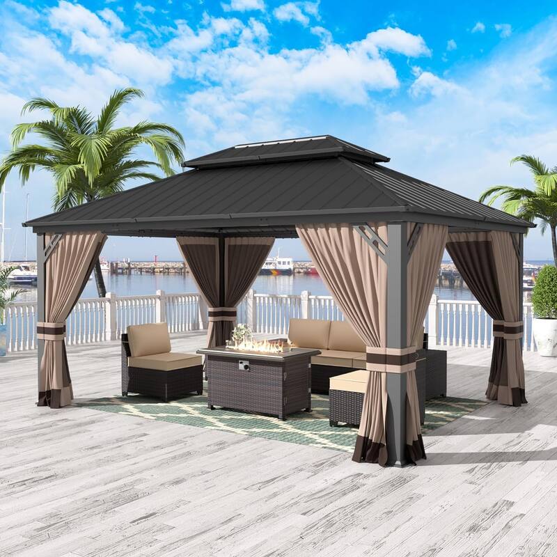 Kullavik Hardtop Gazebo w/ Galvanized Steel Roof & Aluminum Frame, New Outdoor Canopy w/ Mosquito Net & Curtain, Patio Pergola
