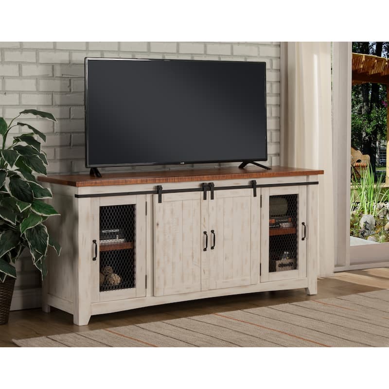 Rustic Farmhouse 65-Inch Wide Solid Wood TV Stand - Antique White and Aged Distressed Pine