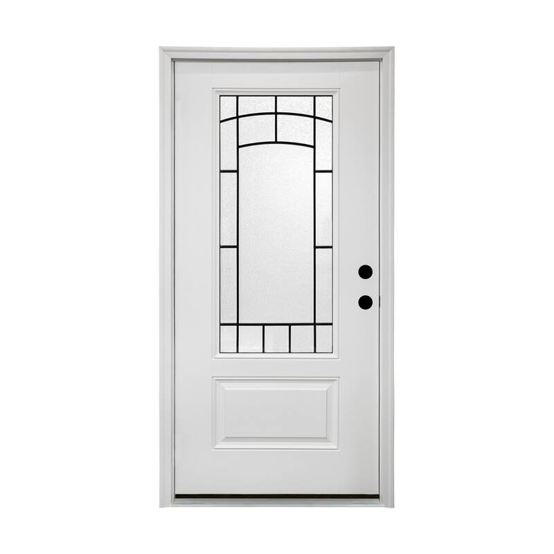 36 x 80 Smooth Fiberglass Entry Door with Brickmould,3/4 View Frosted Glass, Left Hand Inswing,White Primed Knock-Down Door - White
