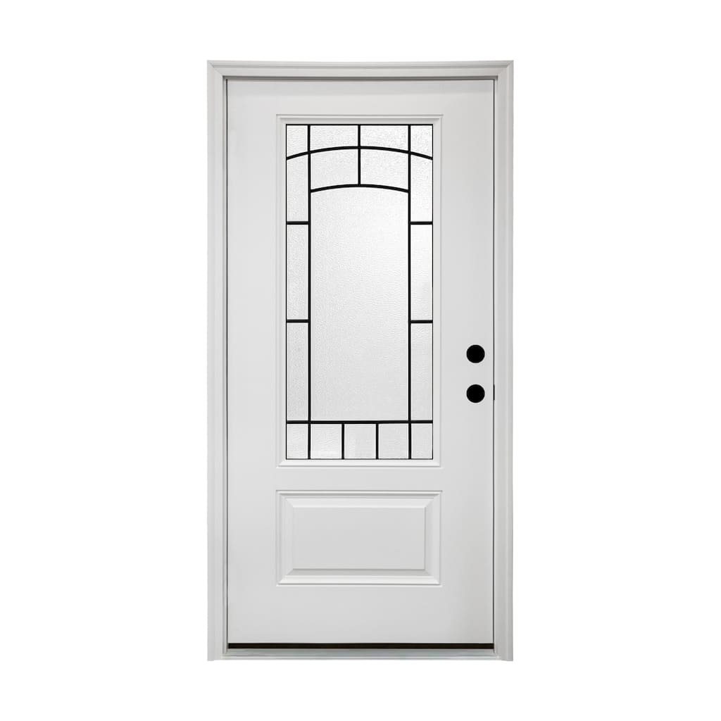 36 x 80 Smooth Fiberglass Entry Door with Brickmould,3/4 View Frosted Glass, Left Hand Inswing,White Primed Knock-Down Door