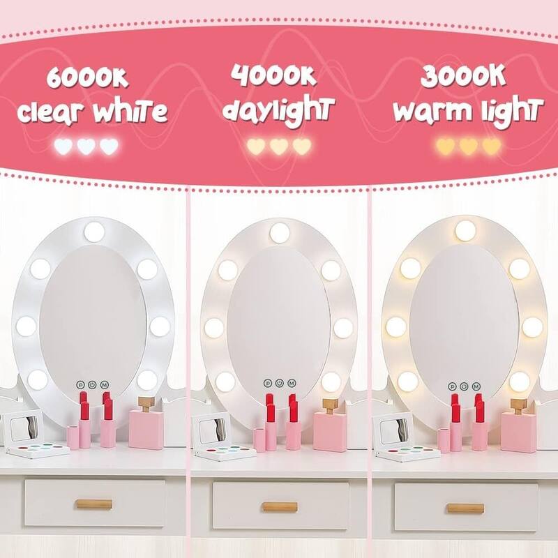 Toddler Lighted Mirror Vanity and Stool, Makeup Play Table for Girls Best Gift