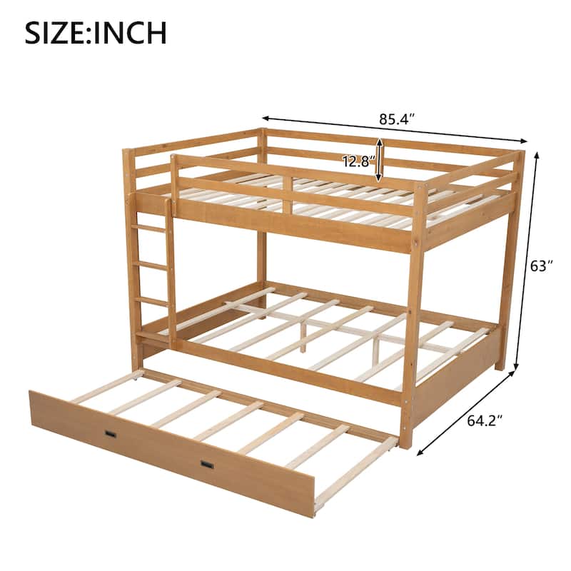 Queen Size Pinewood Bunk Bed with Ladder, Guard Rails and Twin XL Trundle