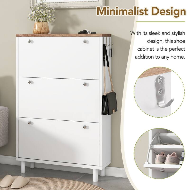 Sleek Narrow Shoe Cabinet with Adjustable Shelves & 3 Flip Drawers, Wood Grain Finish for Entryway Storage
