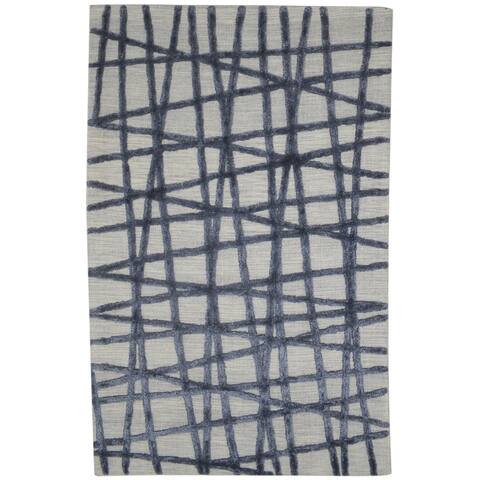 One of a Kind Hand-Tufted Modern & Contemporary 5' x 8' Geometric Wool Blue Rug - 5'1"x8'1"