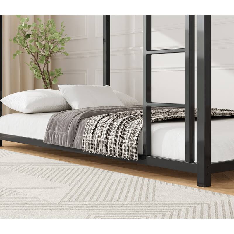 Twin Over Twin Metal Bunk Bed, Low Bunk Bed with Ladder, Black, Sturdy Steel Construction, Safe Design, Easy Assembly