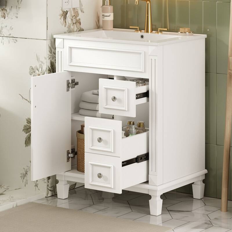 24" Bathroom Vanity with Ceramic Sink, 2 Drawers and Adjustable Shelf