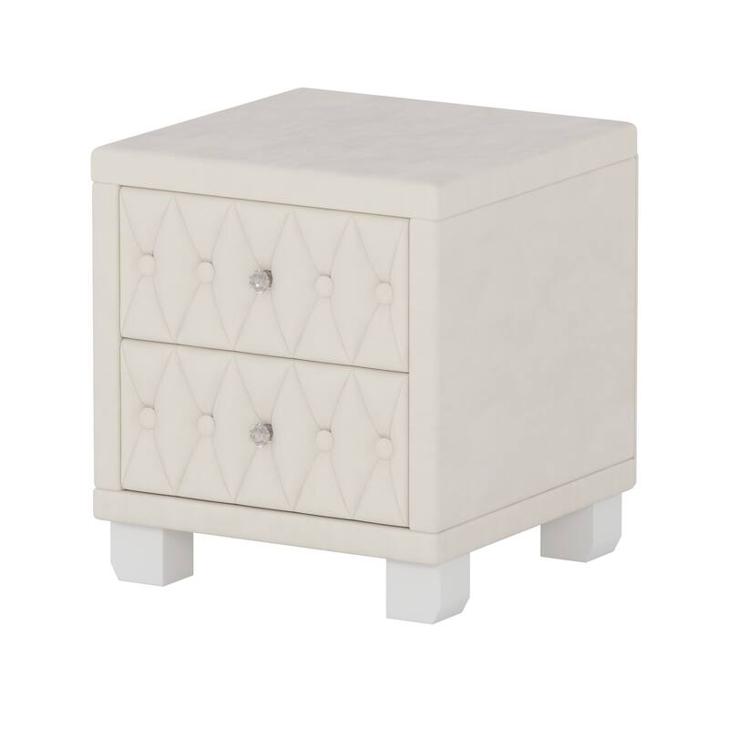 Elegant Velvet Nightstand, Bedside Storage Cabinet with Button-Tufted, Side Table with 2 Drawers with Crystal Handles