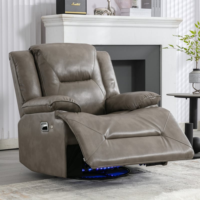 Overstuffed 360° Swivel Recliner Chairs with LED Light Strip,PU Leather Manual Recliner Chair