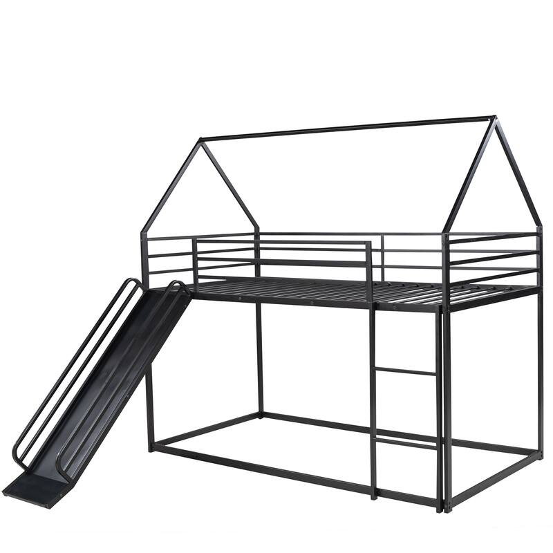 Twin over Twin House Bunk Bed with Ladder and Slide House Shaped Bunk Bed Frame with Lenght Guardrail, No Box Spring Needed