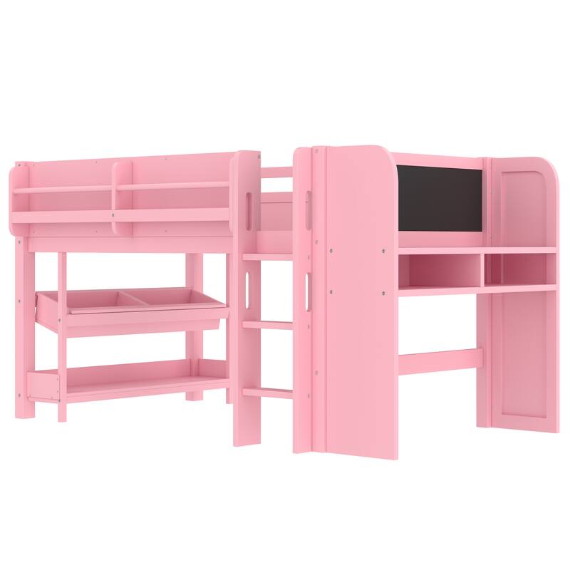 Full/Twin Size Loft Bed with Built-in Desk, Multi-Storage Bookcases & Blackboard, Solid Wood Low Loft Bed Frame