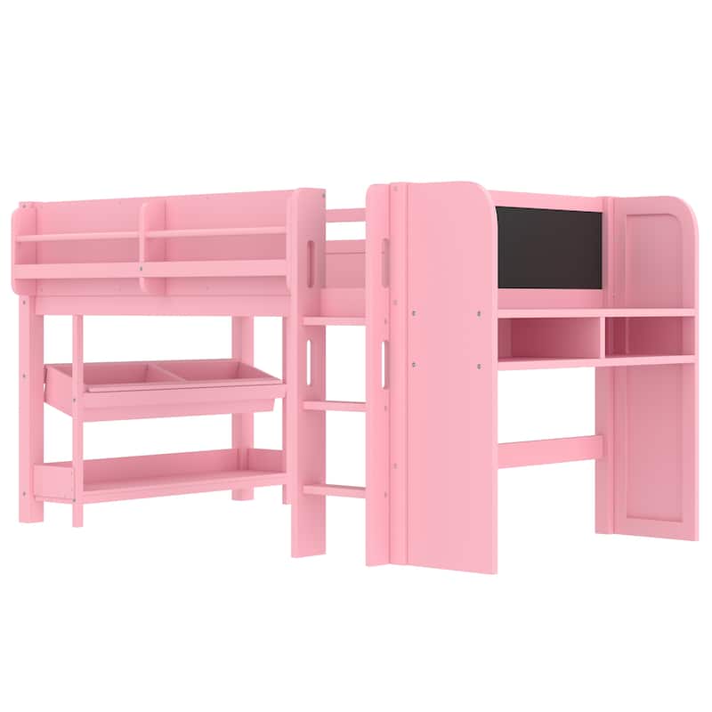 Twin Loft Bed with Multi-storage Bookcases, Boxes and Drawers, Solid Wood Low Loft Beds with Desk and Blackboard