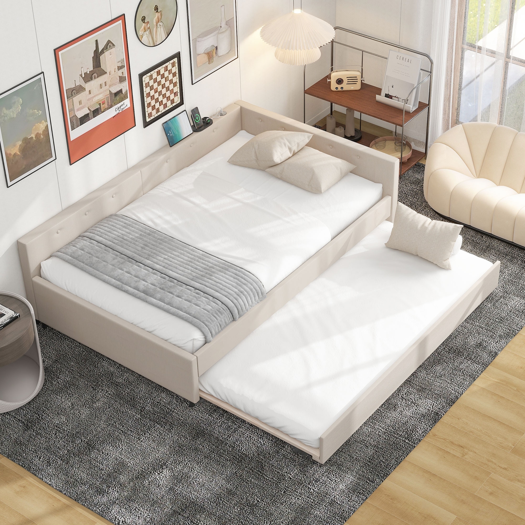 Modern Beige Upholstered Grounded Bed Low Profile Platform Bed Frame Daybed Sofa Bed with USB Ports and Twin Size Trundle Bed