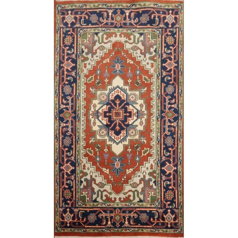 Hand Knotted Oriental 100% Wool Carpet Traditional Medallion Oranges & Rust Heriz (serapi) Area Rug - 5' 2'' X 2' 10''