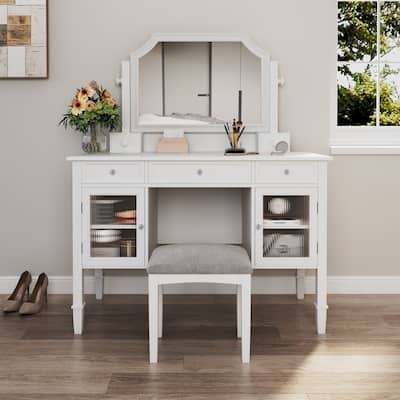 44.4" Makeup Vanity Desk with Large Adjustable Mirror and Cabinet