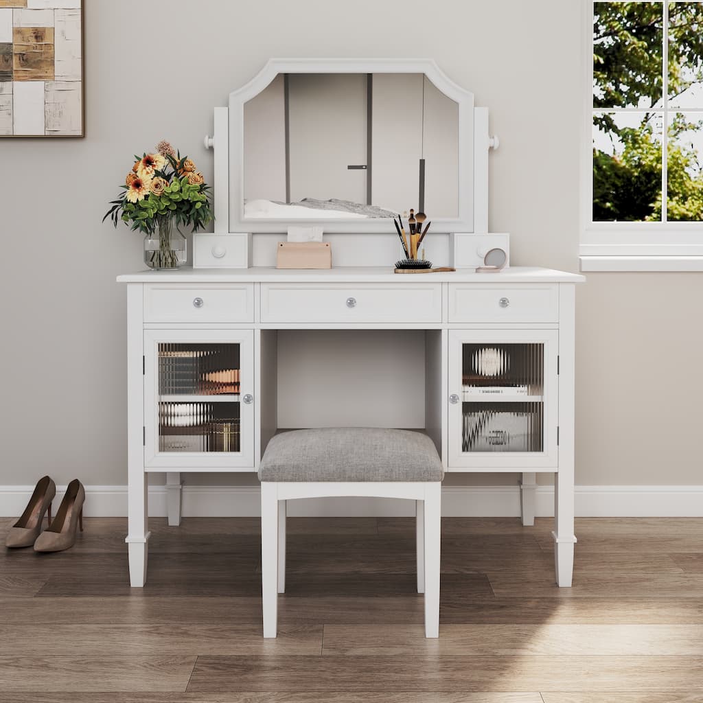 44.4" Makeup Vanity Desk with Large Adjustable Mirror and Cabinet