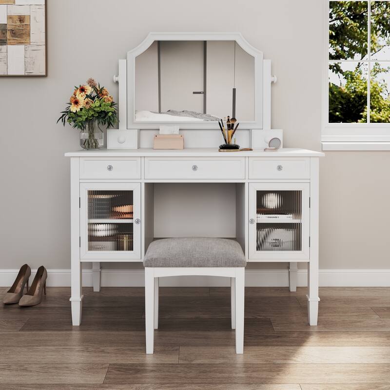 Makeup Vanity Desk with Large Adjustable Mirror, Dressing Table Set with Drawer & Cabinet, Space-Saving Beauty Station