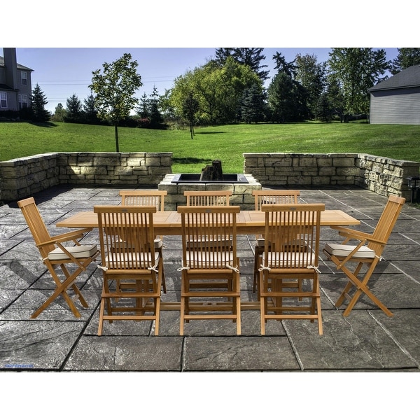 9 Piece Teak Wood Miami Patio Dining Set with Rectangular Extension Table, 8 Folding Arm and Side Chairs. Opens flyout.