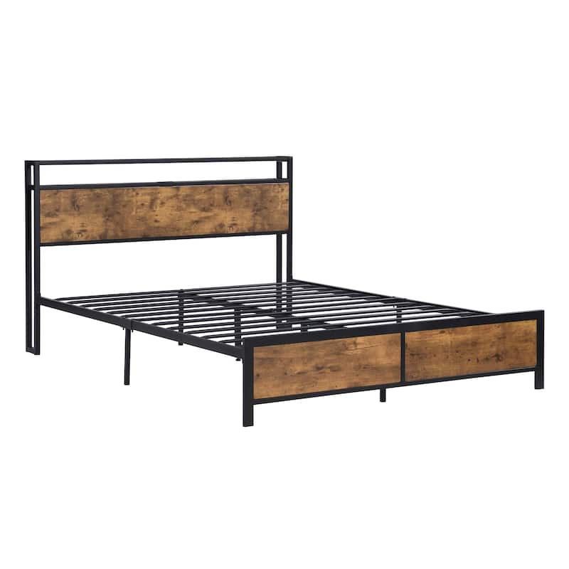 Noise Free Metal/Wood Platform Bed Frame with 2 USB Ports, Modern Industrial LED Lights Headboard Bed Frame with Shelf