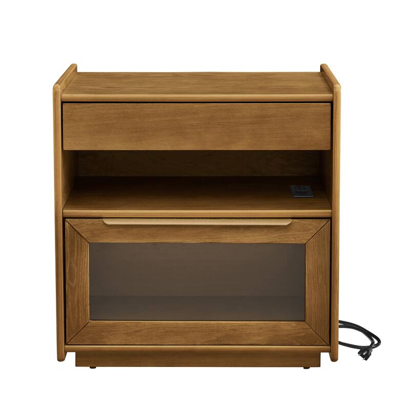 Roomfitters Mid Century Nightstand, Glass Drawer, Bedside Table with Charging Ports, Storage