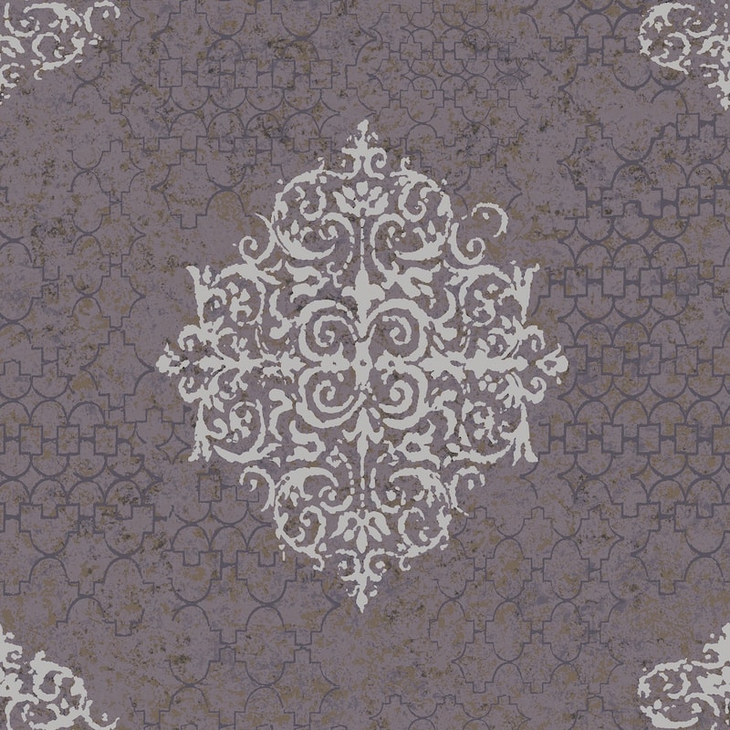 Galerie Wallcoverings Lustre Collection Embossed Damask Non-woven Metallic Wallpaper Roll - 33 feet x 21 inches - Purple