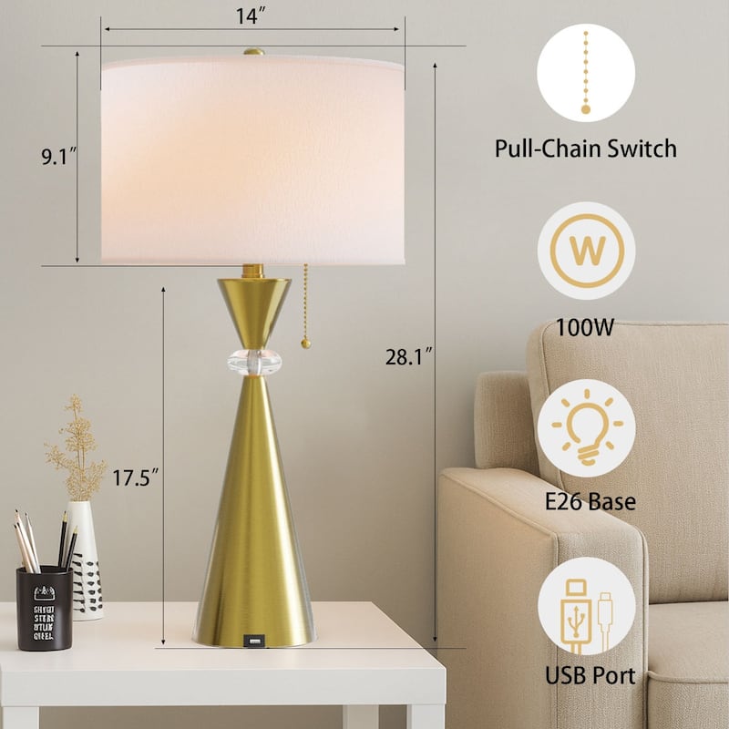 Maxax 28.25" Nickel Table Lamp Set with USB (Set of 2)