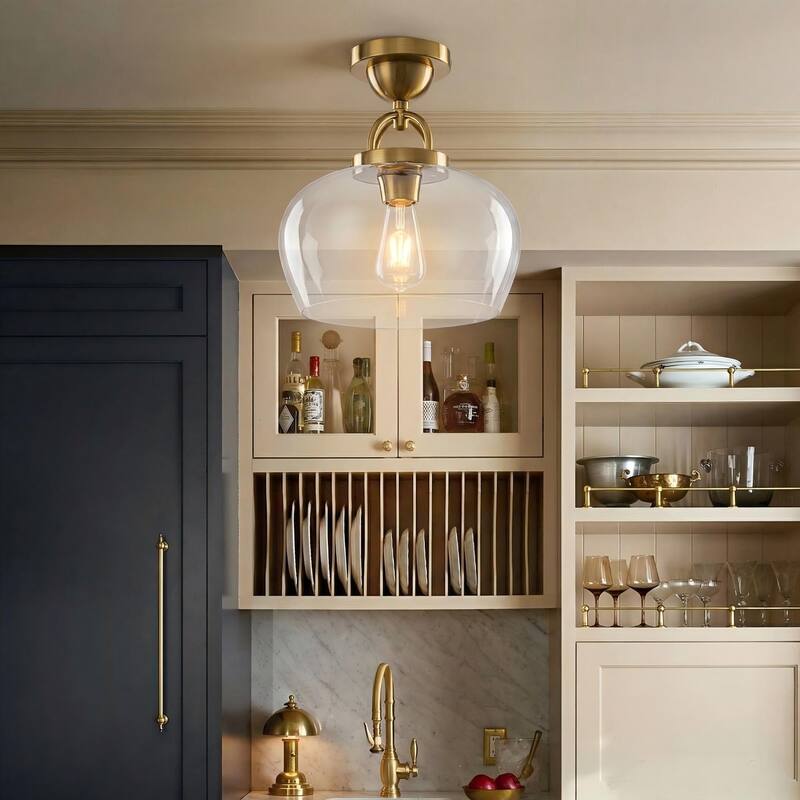 1-Light Modern Metal & Glass Flush Mount with Transparent Open Flat-Ball Shade for Bedroom - 11.8 in. W x 13 in. H