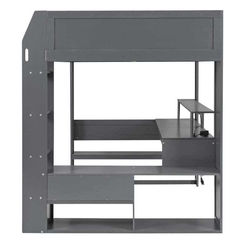 Wood Full Size Gaming Loft Bed with Desk, Multi-storage Shelves, LED and Charging Station, Dark Gray