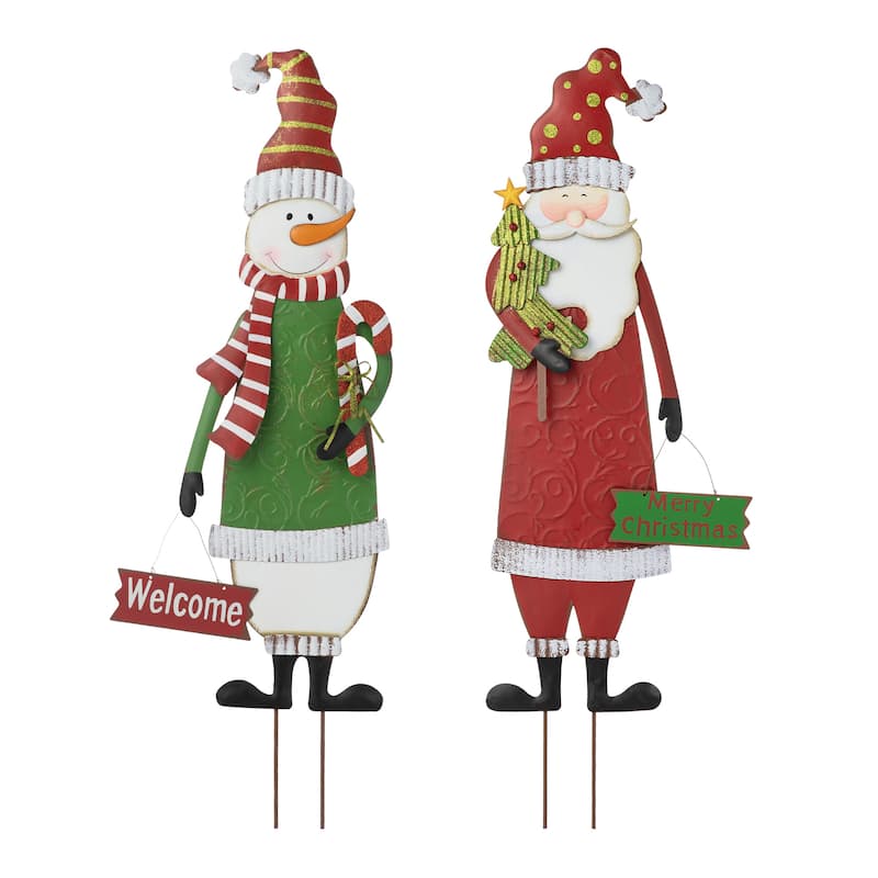 Glitzhome Set of 2 36"H Christmas Metal Snowman Santa or Dancing Elf Yard Stake Standing Hanging Decor