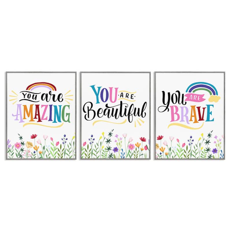 Stupell Confidence Sentiments with Florals Framed Giclee Art Design By Kim Allen (Set of 3) - 24 x 30 - Grey