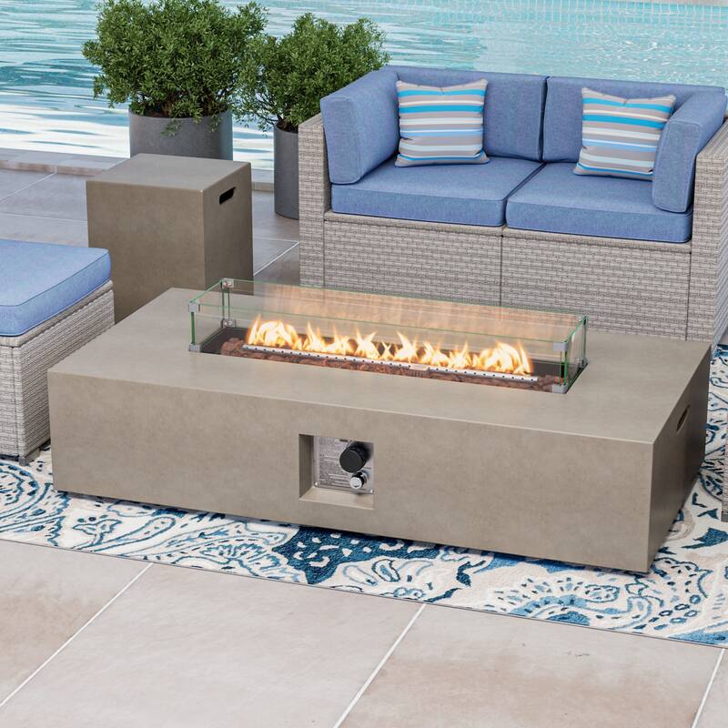 COSIEST 56'' Outdoor Propane Rectangle Fire Pit with Tank,Wind Glass - Grey