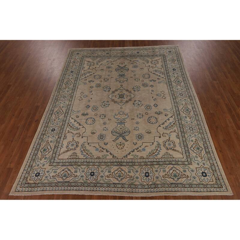 Vegetable Dye Oushak Turkish Rug Floral Hand-Knotted Wool Carpet - 7'8"x 9'10"